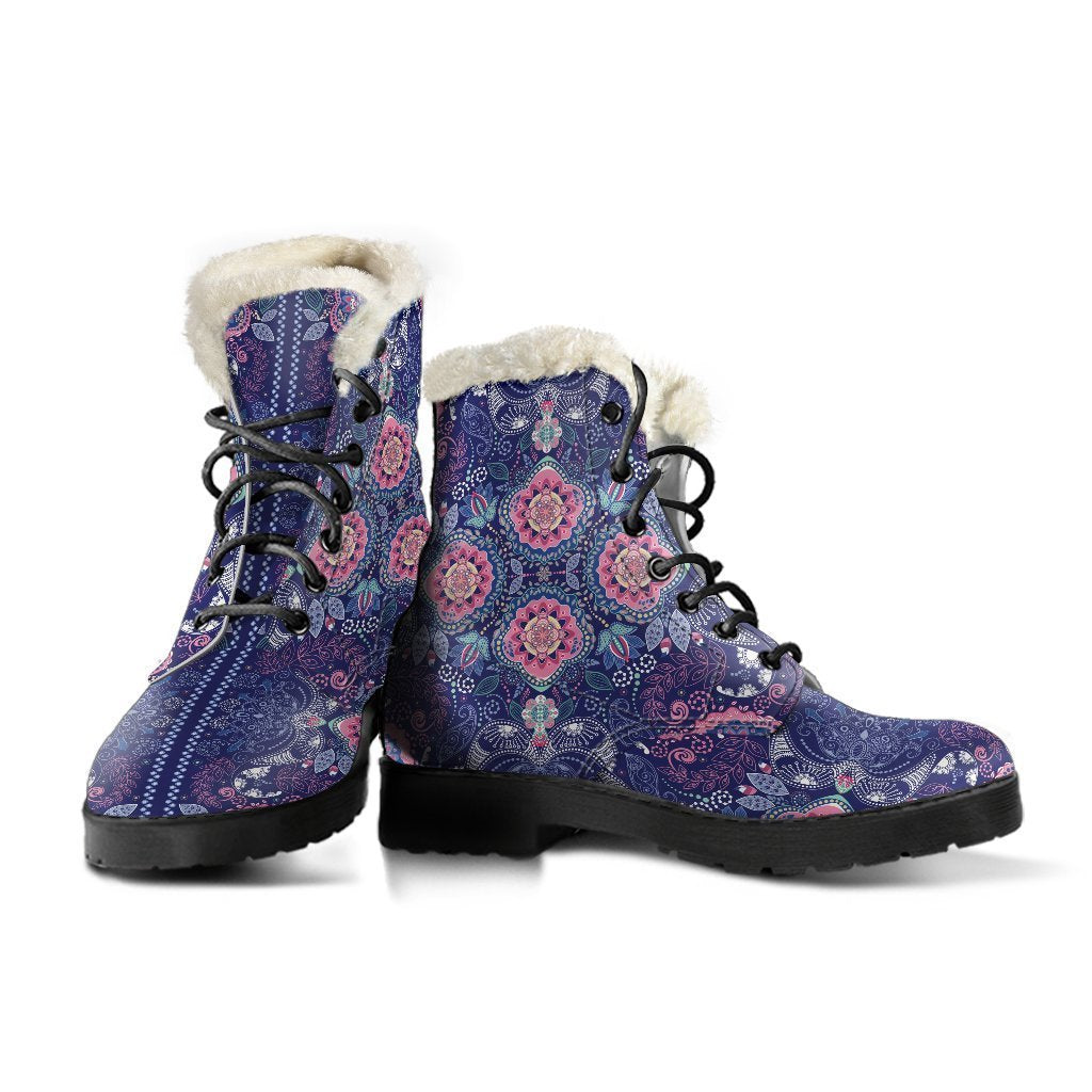 Ornamental Paisley Mandala Print Faux Fur Leather Boots: A Hippie's Dream - 3