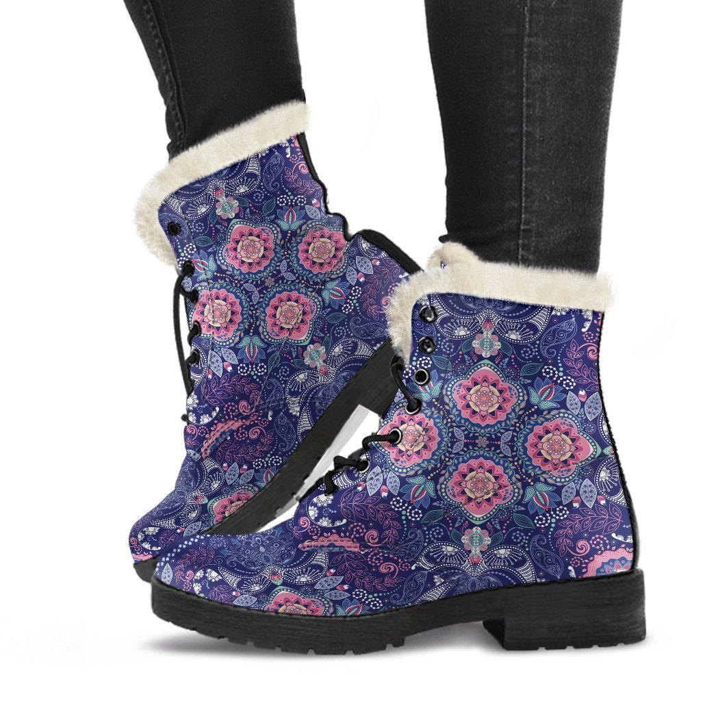 Ornamental Paisley Mandala Print Faux Fur Leather Boots: A Hippie's Dream - 1