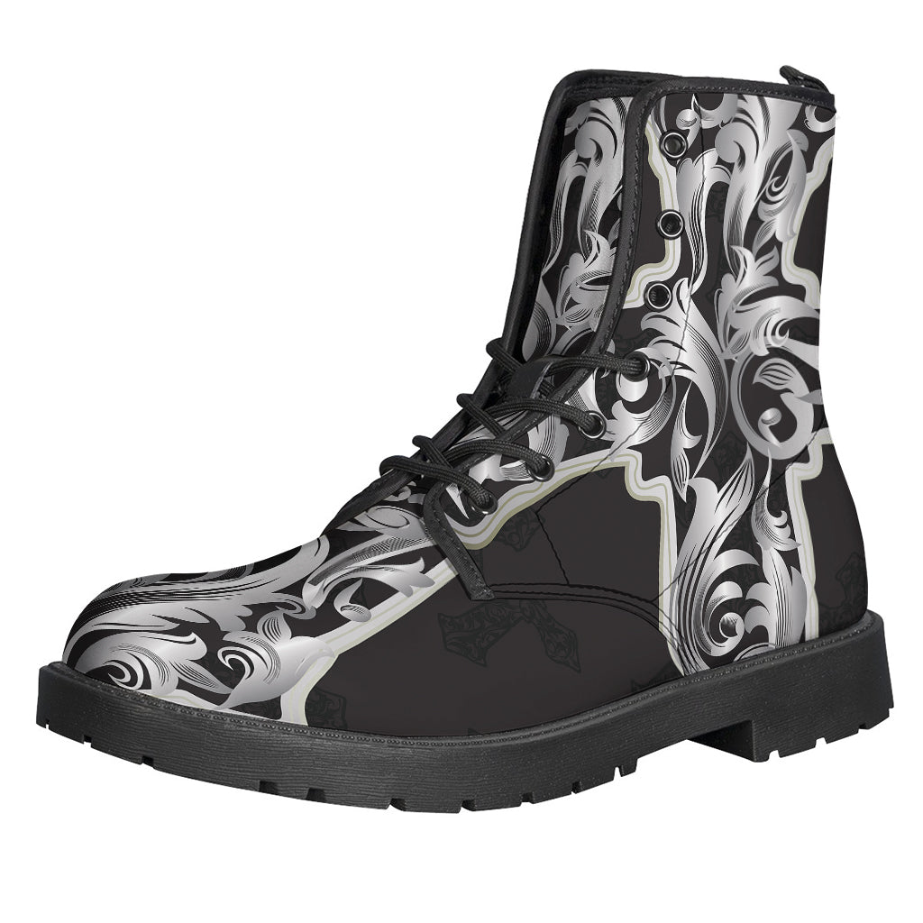 Ornamental Silver Cross Print Leather Boots for Free-Spirited Hippies - 1