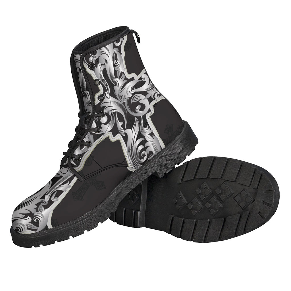 Ornamental Silver Cross Print Leather Boots for Free-Spirited Hippies - 2