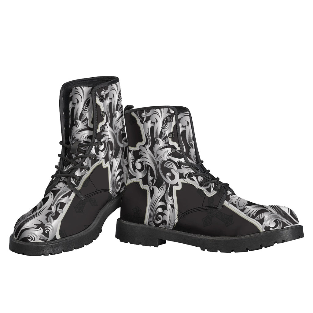 Ornamental Silver Cross Print Leather Boots for Free-Spirited Hippies - 3