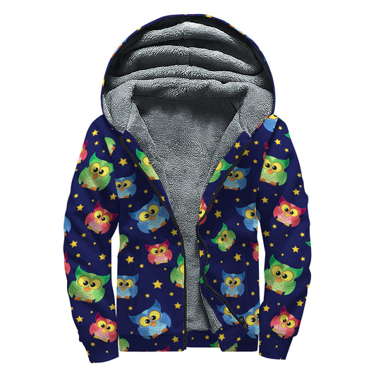 Bohemian Bliss: Owl and Star Pattern Sherpa Lined Zip Up Hoodie - 1