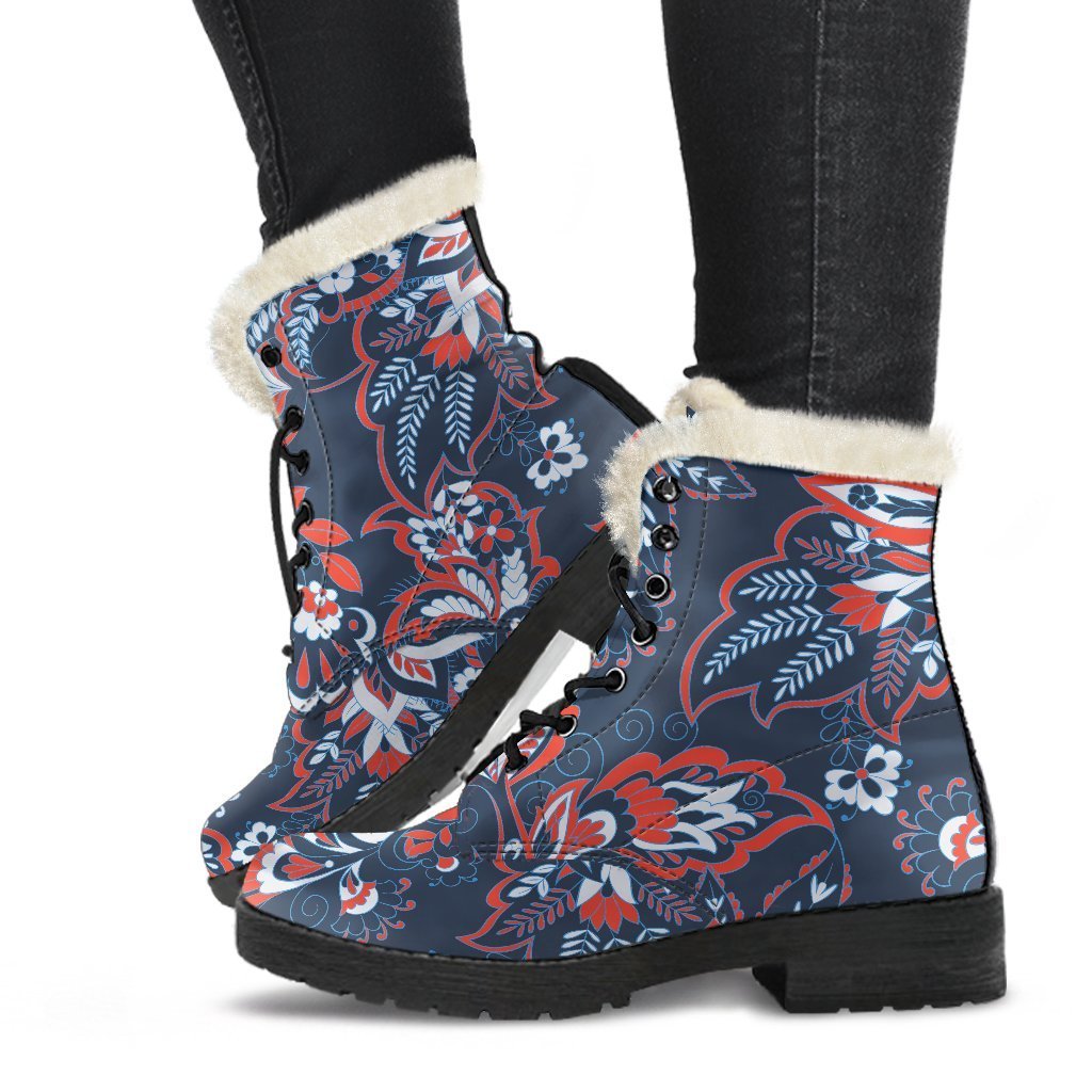 Paisley Floral Bohemian Faux Fur Leather Boots: Step Out in Style! - 2