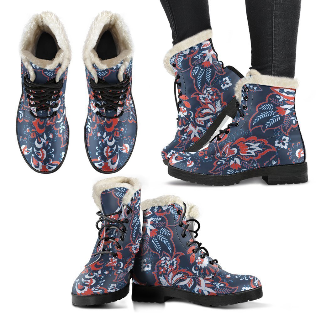 Paisley Floral Bohemian Faux Fur Leather Boots: Step Out in Style! - 1