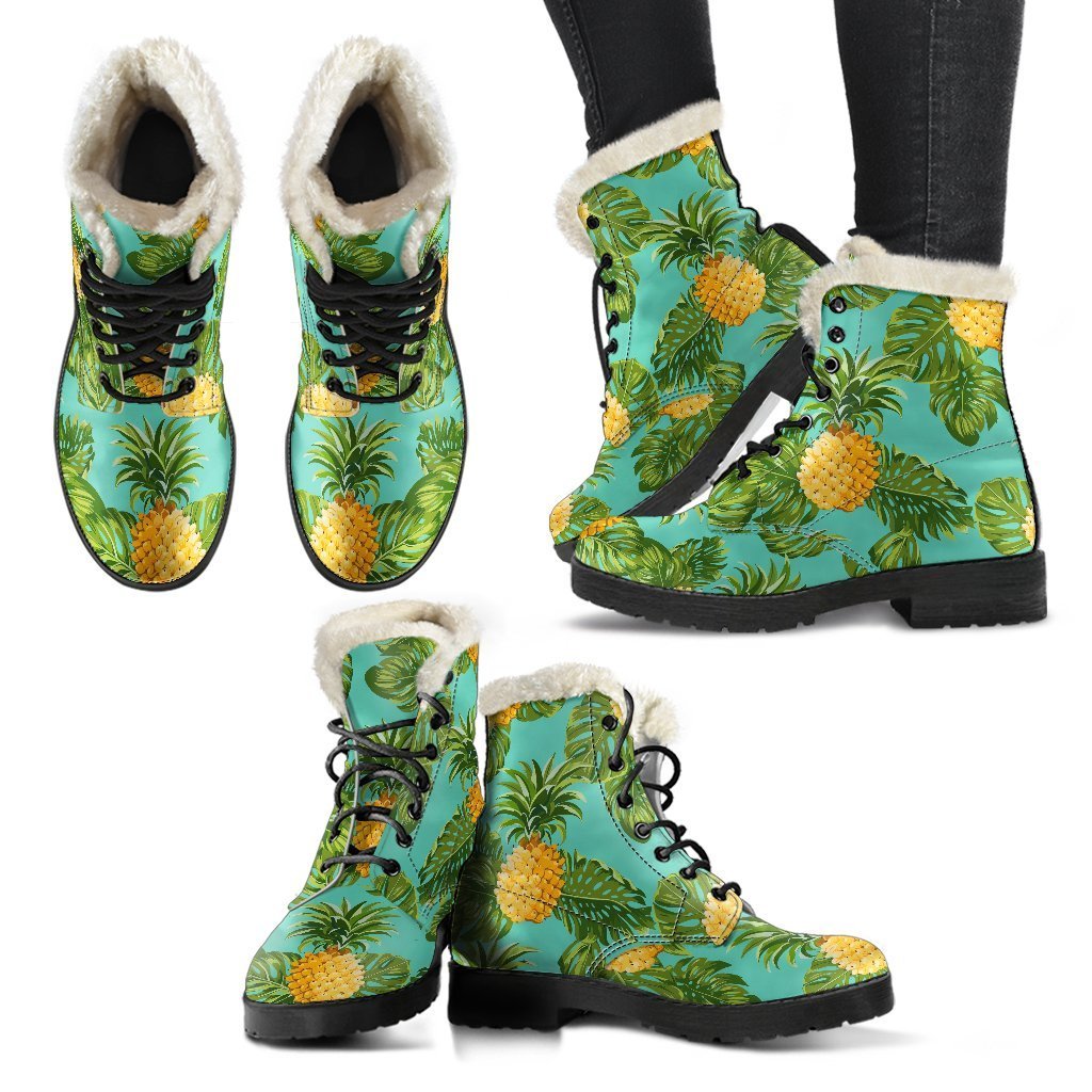 Palm Leaf Pineapple Faux Fur Leather Boots for Free-Spirited Hippies - 2