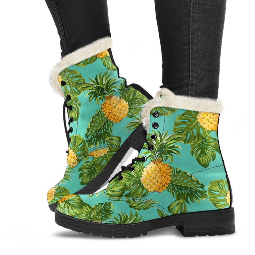 Palm Leaf Pineapple Faux Fur Leather Boots for Free-Spirited Hippies - 1