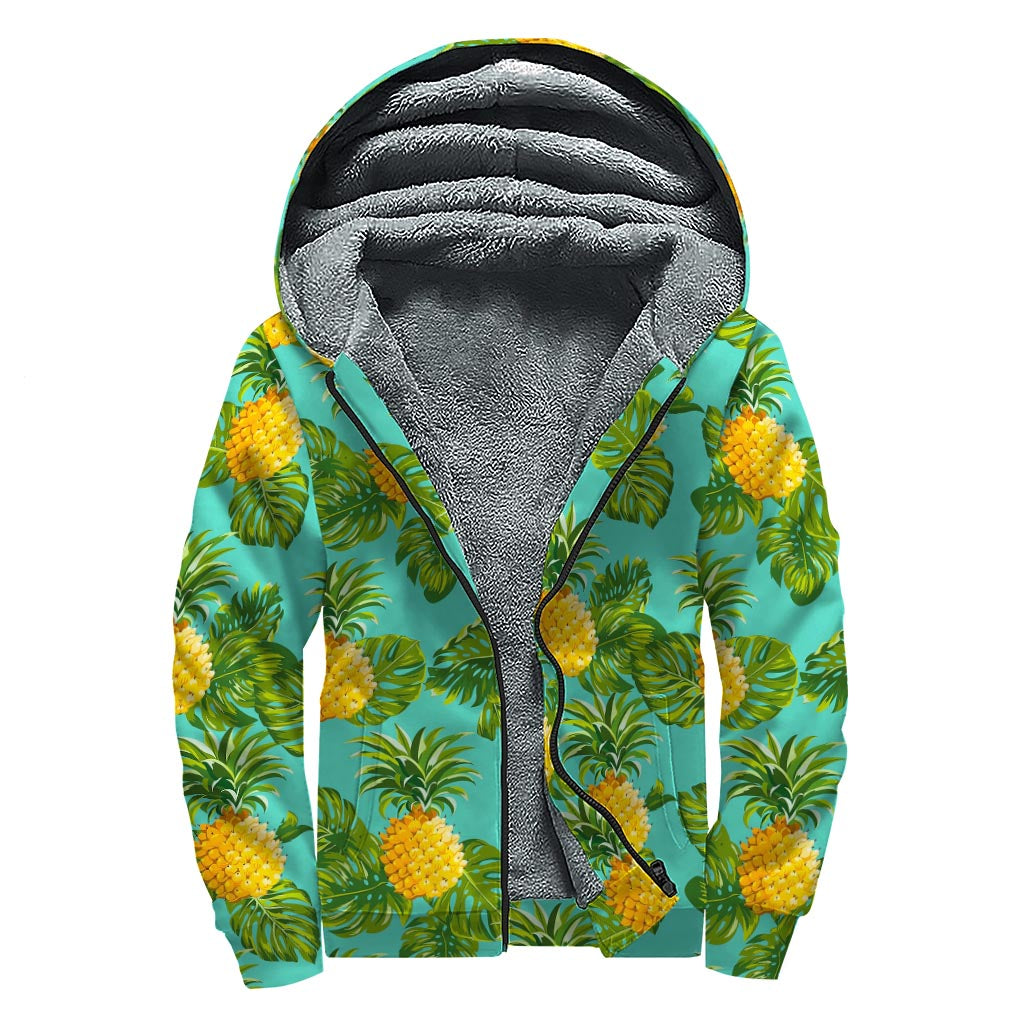 Palm Leaf & Pineapple Pattern Print Sherpa Lined Zip Up Hoodie for Groovy Hippies - 1