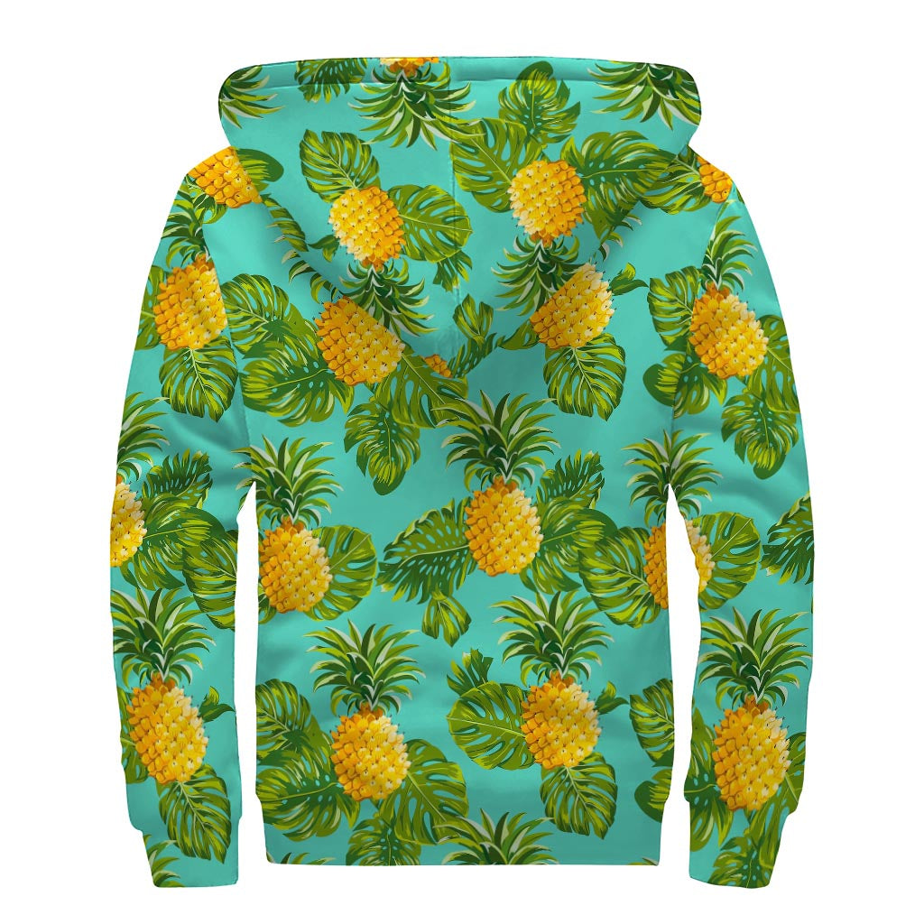 Palm Leaf & Pineapple Pattern Print Sherpa Lined Zip Up Hoodie for Groovy Hippies - 2