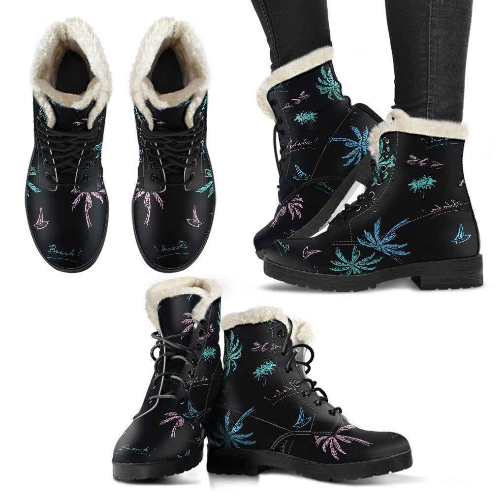 Groovy Palm Tree Summer Beach Faux Fur Leather Boots for Free-Spirited Hippies - 2