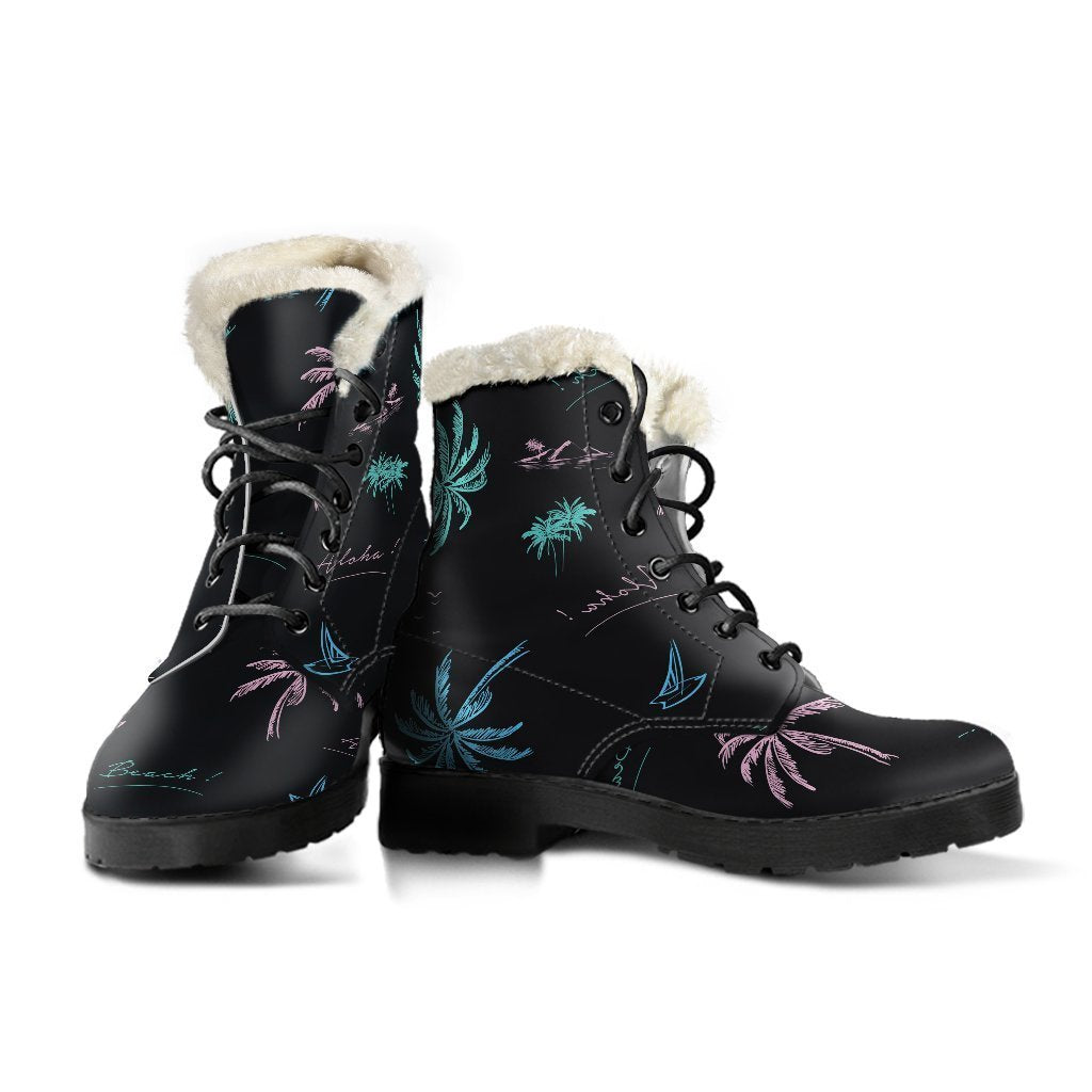 Groovy Palm Tree Summer Beach Faux Fur Leather Boots for Free-Spirited Hippies - 3