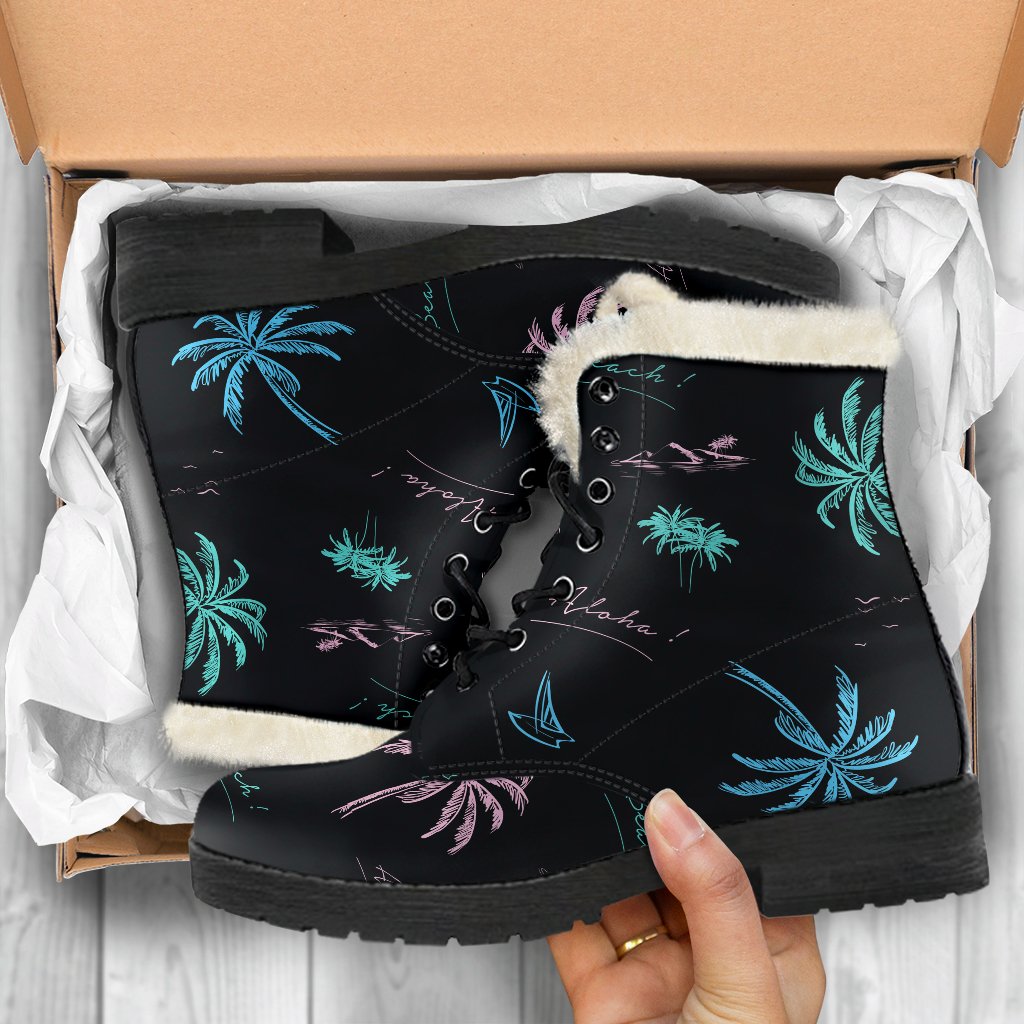 Groovy Palm Tree Summer Beach Faux Fur Leather Boots for Free-Spirited Hippies - 5