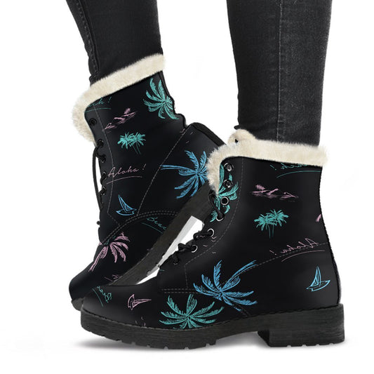 Groovy Palm Tree Summer Beach Faux Fur Leather Boots for Free-Spirited Hippies - 1