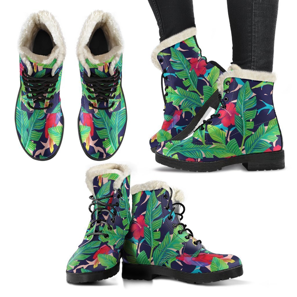 Groovy Paradise: Faux Fur Leather Boots with Parrot Banana Leaf Hawaii Pattern - 2