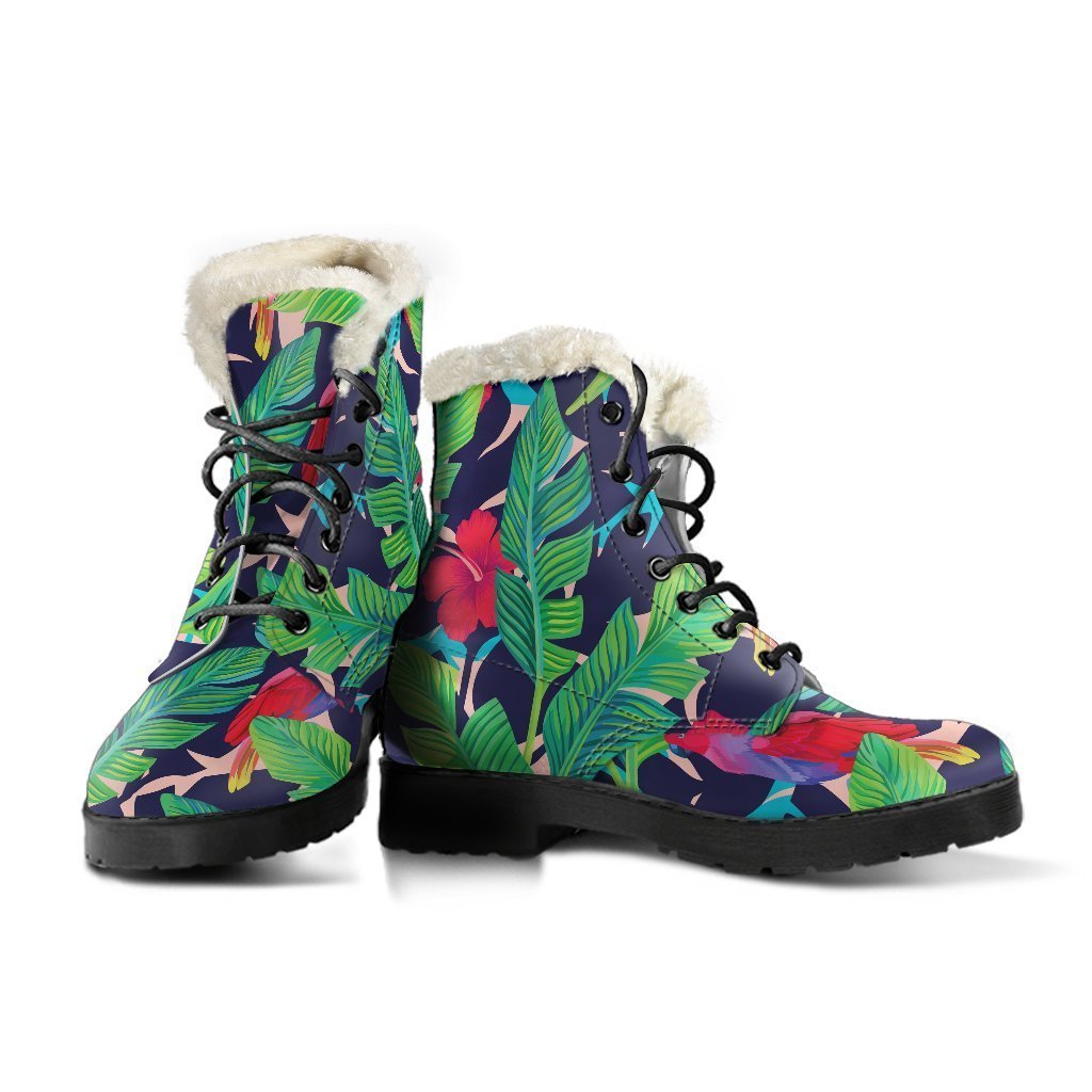 Groovy Paradise: Faux Fur Leather Boots with Parrot Banana Leaf Hawaii Pattern - 3