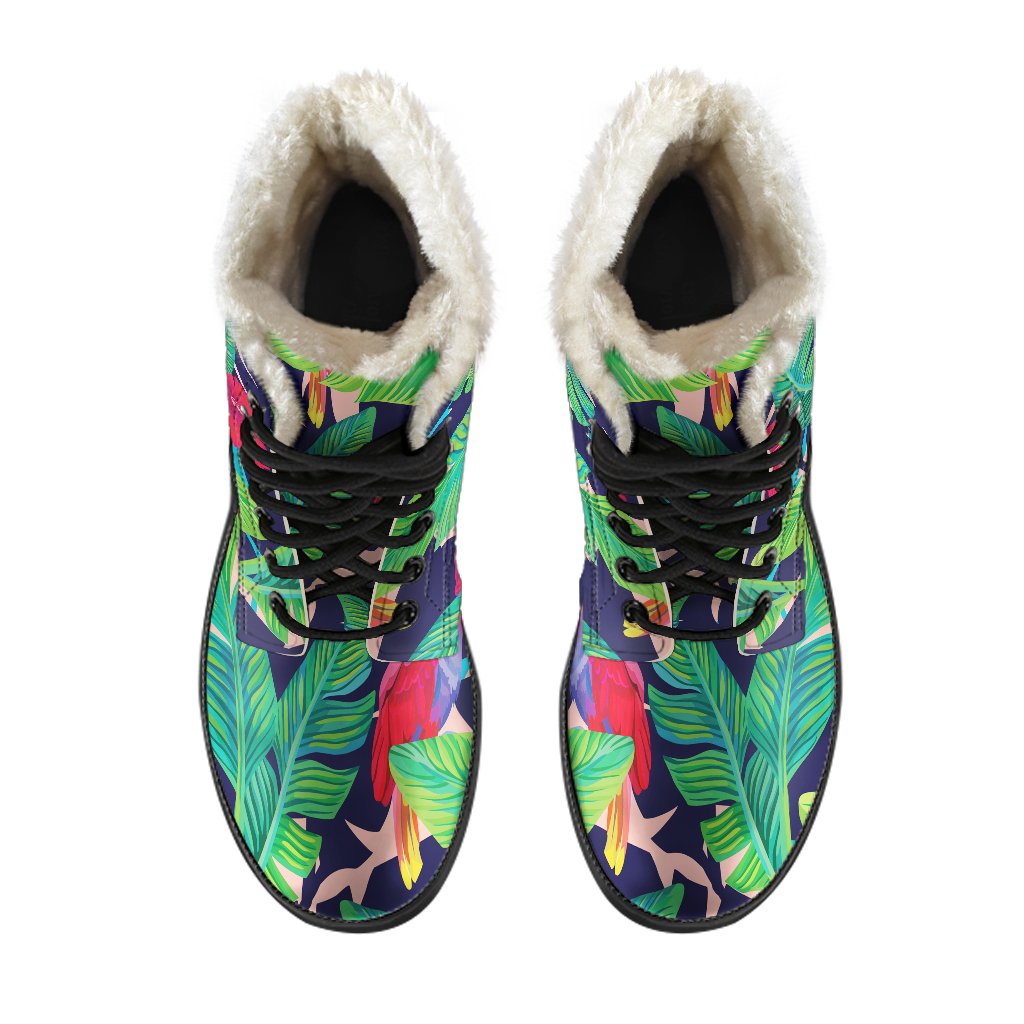 Groovy Paradise: Faux Fur Leather Boots with Parrot Banana Leaf Hawaii Pattern - 4