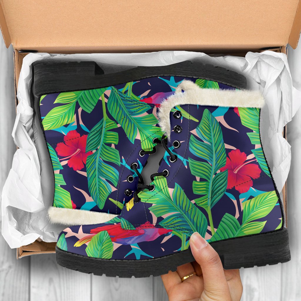 Groovy Paradise: Faux Fur Leather Boots with Parrot Banana Leaf Hawaii Pattern - 5