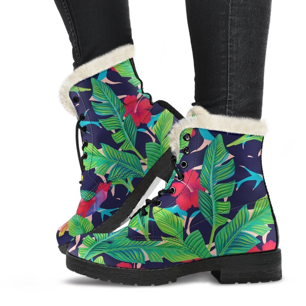 Groovy Paradise: Faux Fur Leather Boots with Parrot Banana Leaf Hawaii Pattern - 1