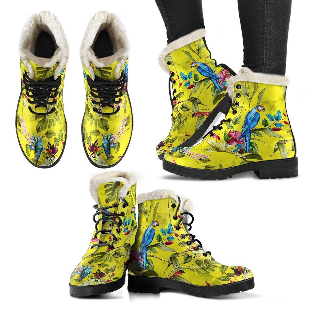 Step out in Style: Parrot Tropical Pattern Faux Fur Leather Boots for the Modern Hippie - 2