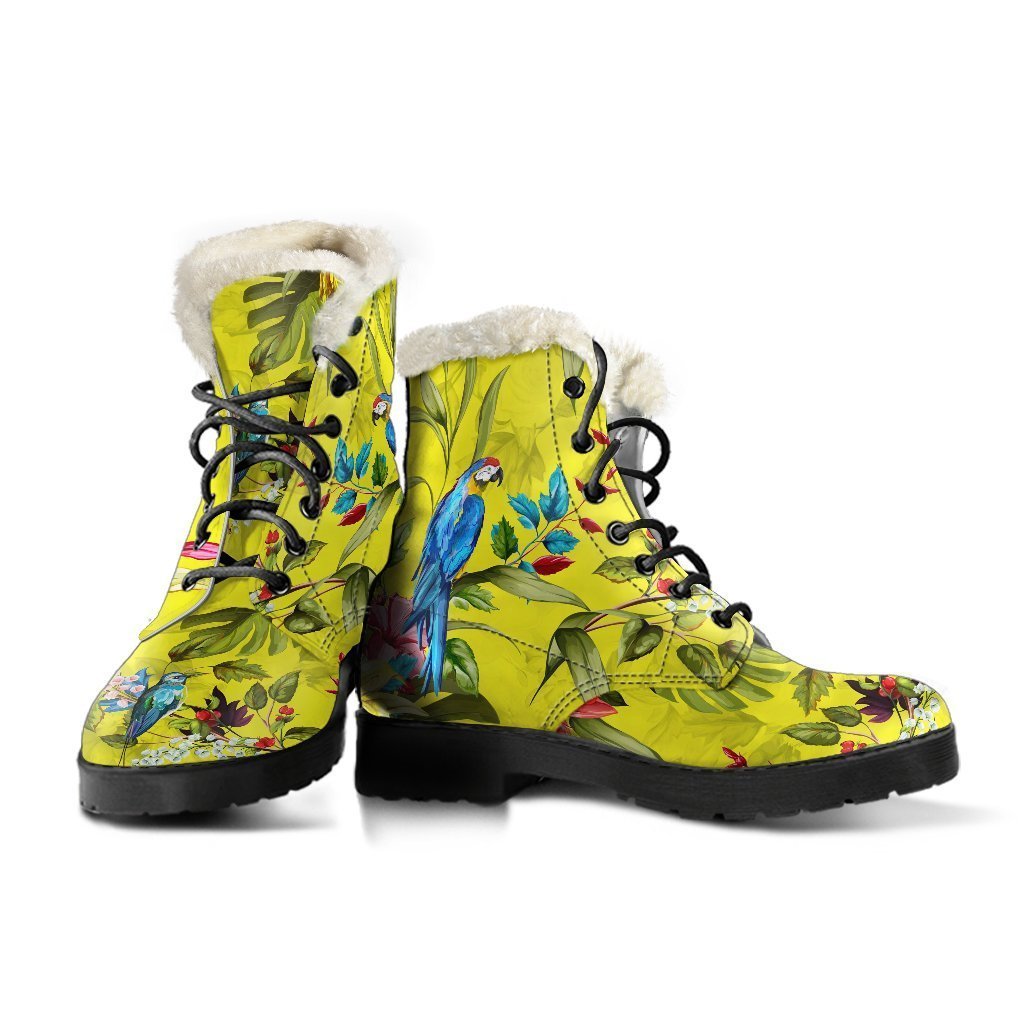 Step out in Style: Parrot Tropical Pattern Faux Fur Leather Boots for the Modern Hippie - 3