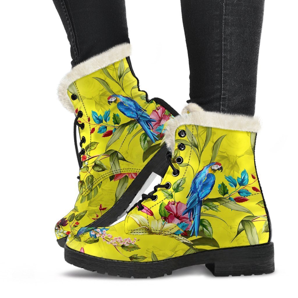 Step out in Style: Parrot Tropical Pattern Faux Fur Leather Boots for the Modern Hippie - 1