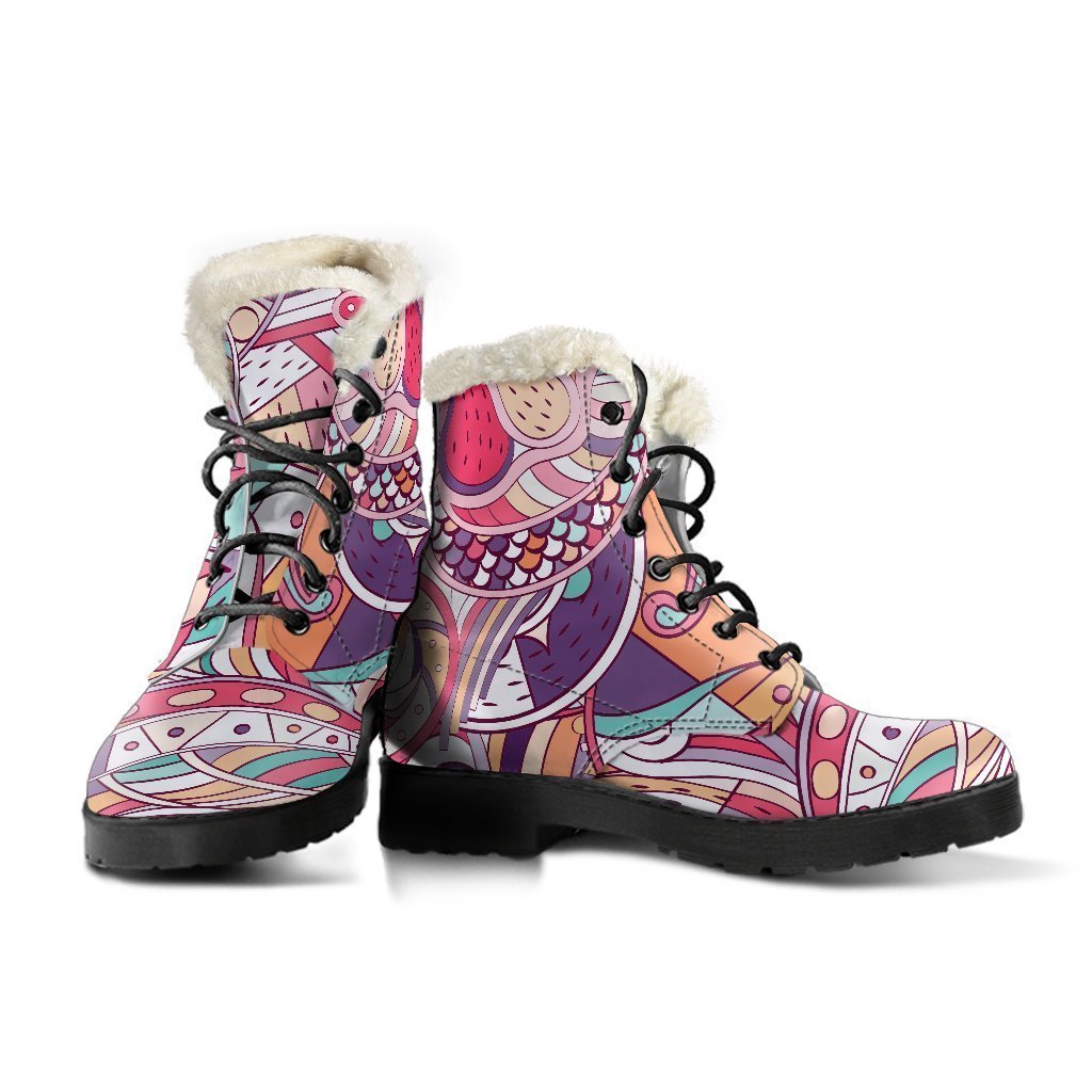 Pastel Bohemian Floral Faux Fur Leather Boots for Hippie Style Lovers - 3