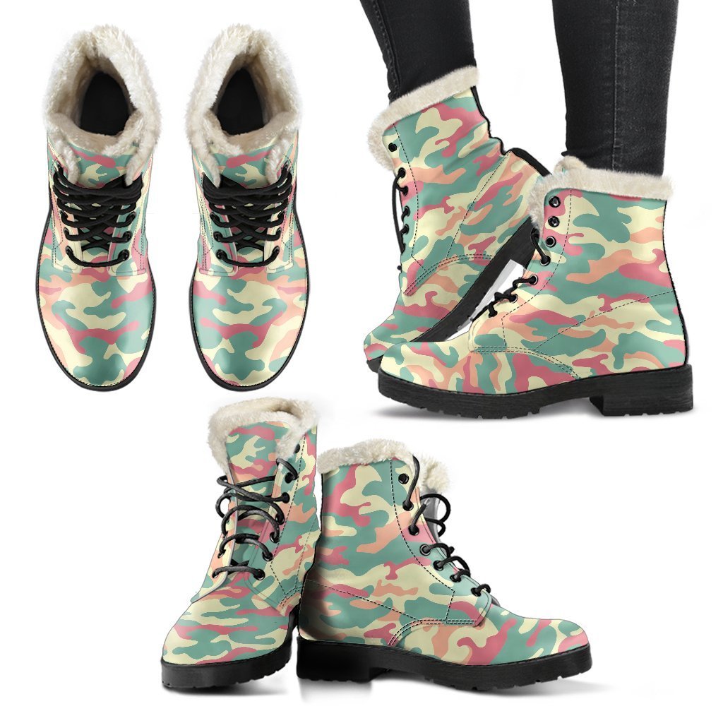 Pastel Camouflage Faux Fur Leather Boots - A Groovy Addition to Your Hippie Style - 2