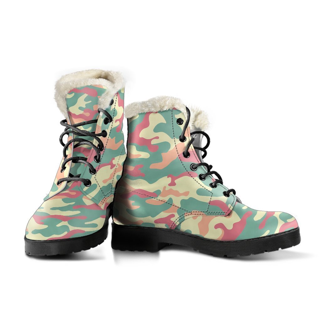 Pastel Camouflage Faux Fur Leather Boots - A Groovy Addition to Your Hippie Style - 3