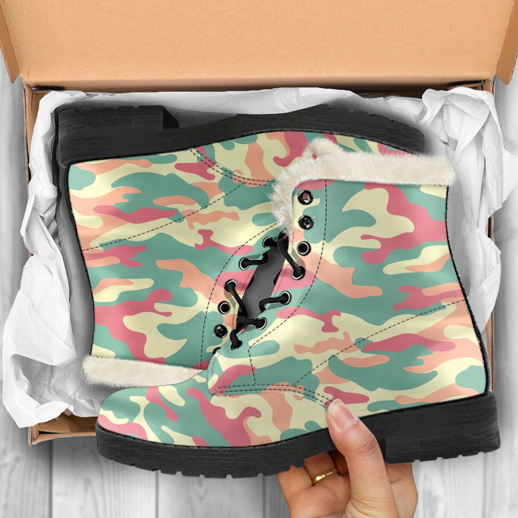 Pastel Camouflage Faux Fur Leather Boots - A Groovy Addition to Your Hippie Style - 5