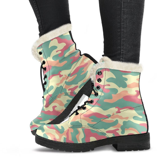 Pastel Camouflage Faux Fur Leather Boots - A Groovy Addition to Your Hippie Style - 1