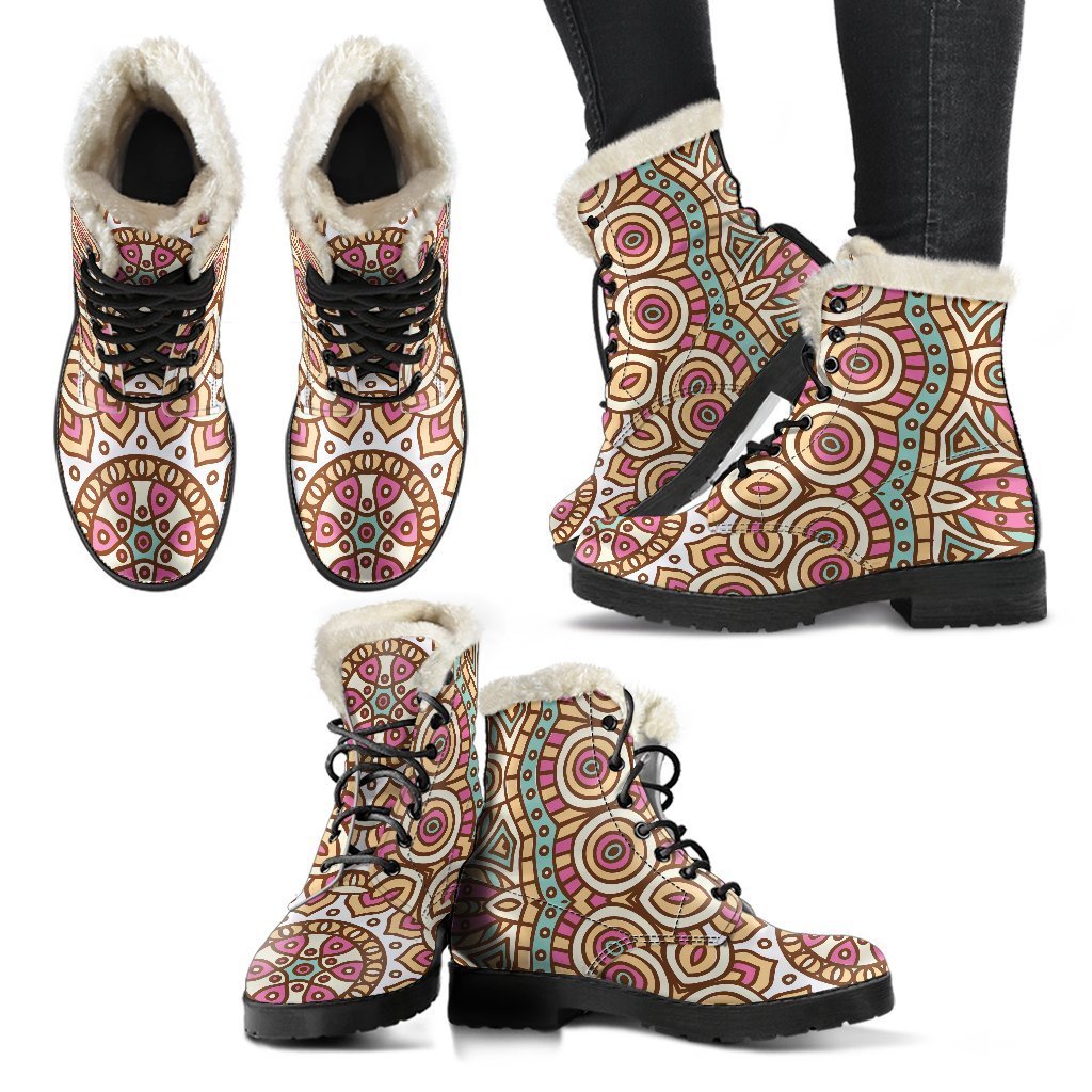 Groovy Vibes: Pastel Ethnic Mandala Faux Fur Leather Boots for Modern Hippies - 2