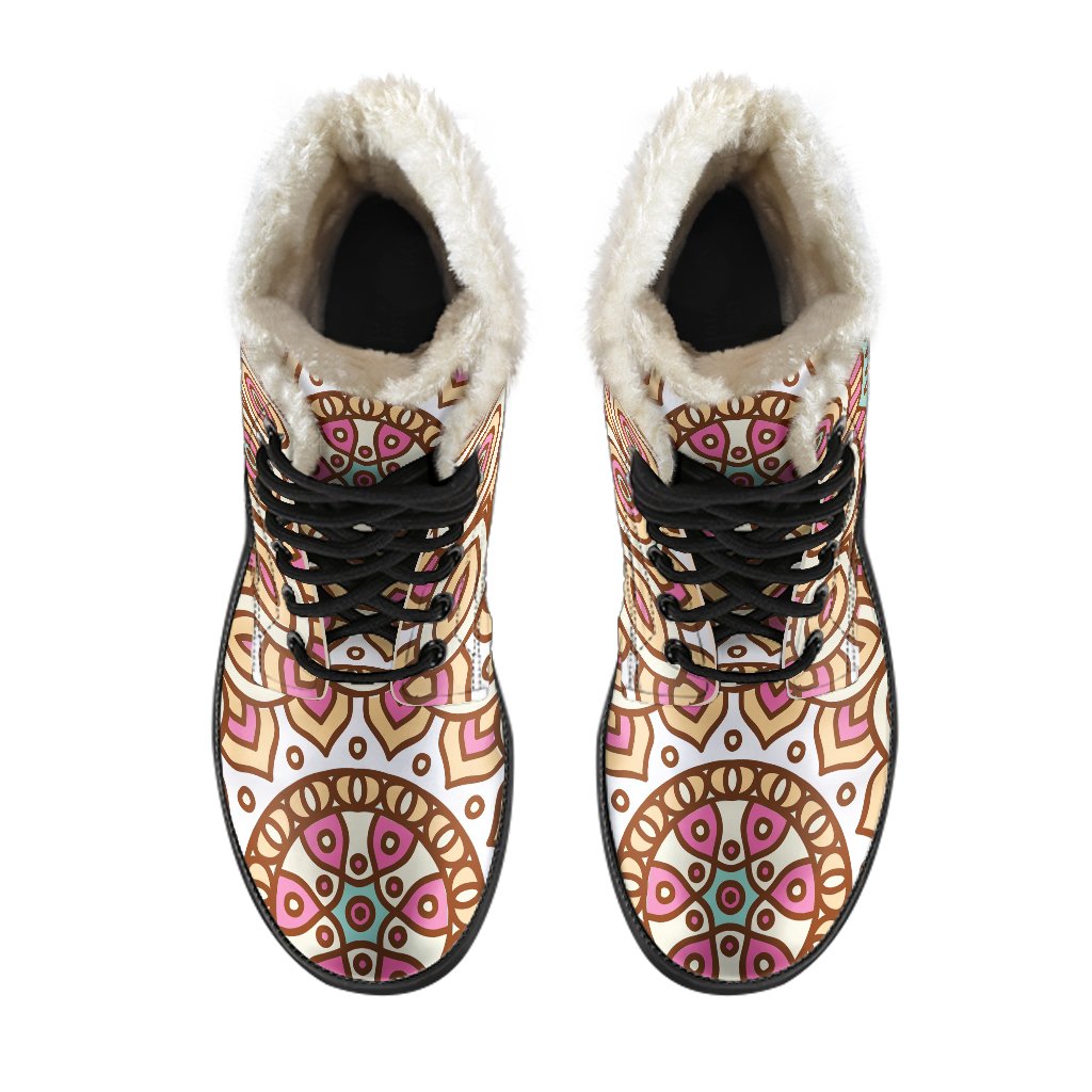 Groovy Vibes: Pastel Ethnic Mandala Faux Fur Leather Boots for Modern Hippies - 4