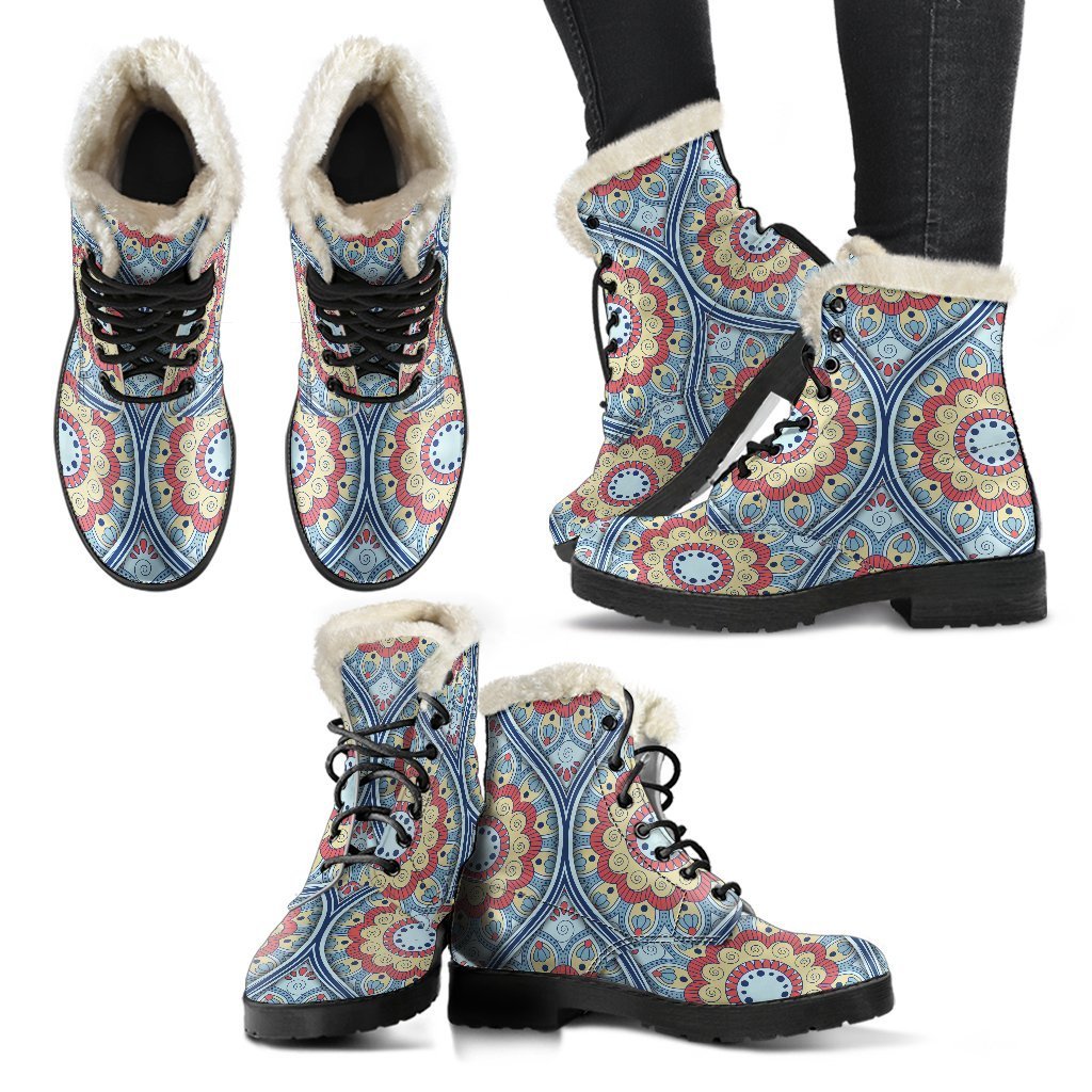 Groovy Mandala Print Faux Fur Leather Boots for Free-Spirited Hippies - 2