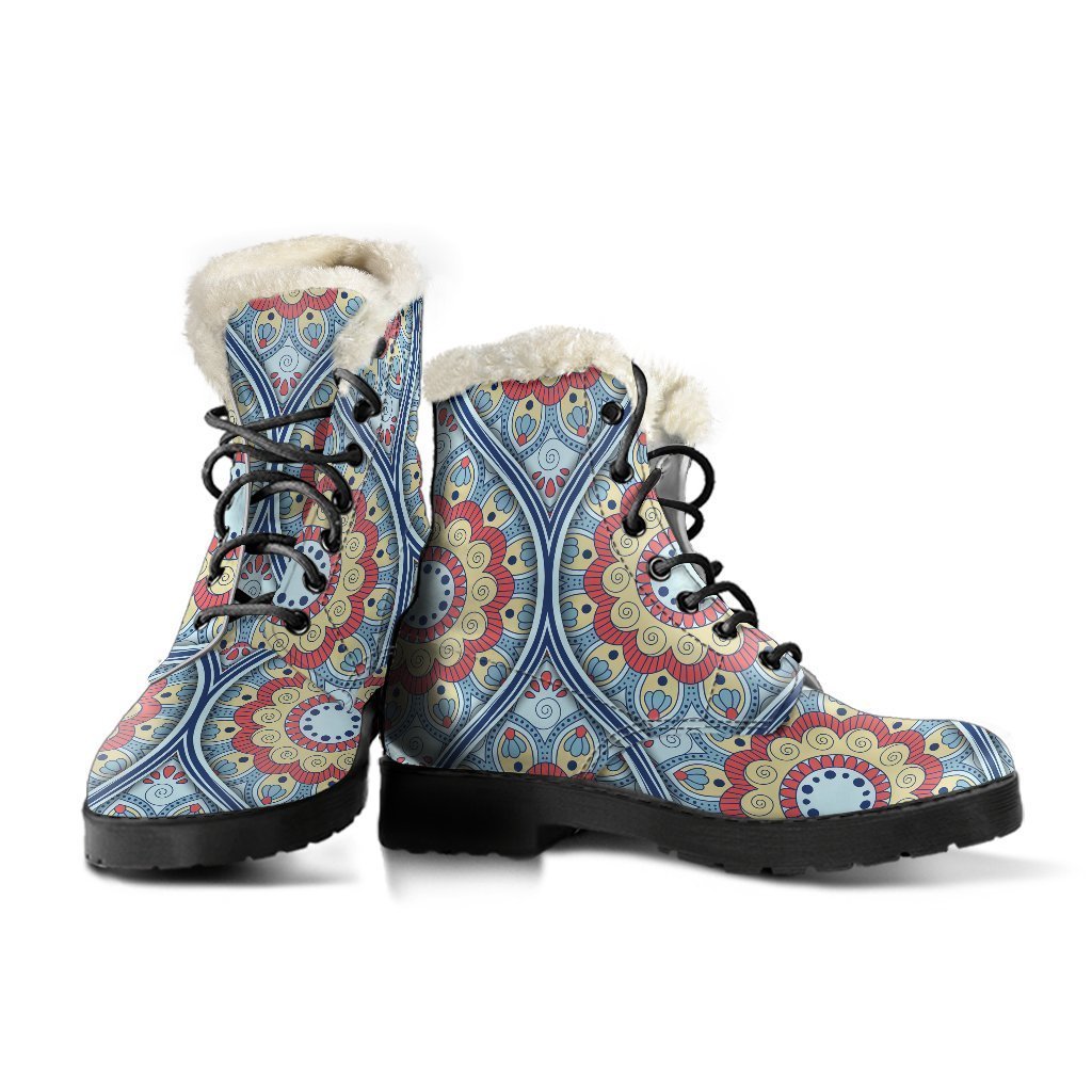 Groovy Mandala Print Faux Fur Leather Boots for Free-Spirited Hippies - 3