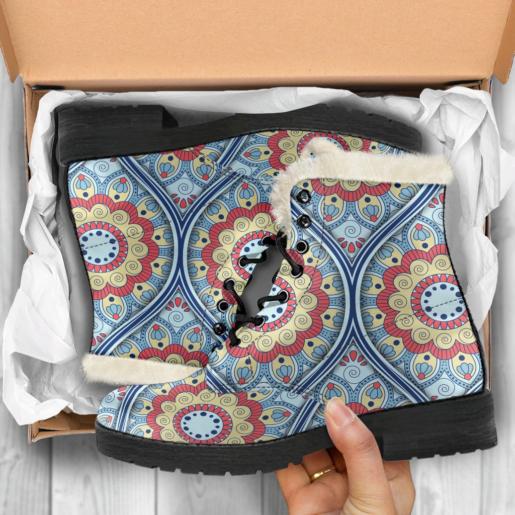 Groovy Mandala Print Faux Fur Leather Boots for Free-Spirited Hippies - 5