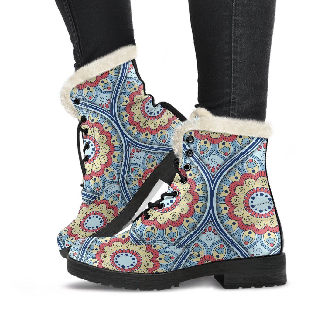 Groovy Mandala Print Faux Fur Leather Boots for Free-Spirited Hippies - 1