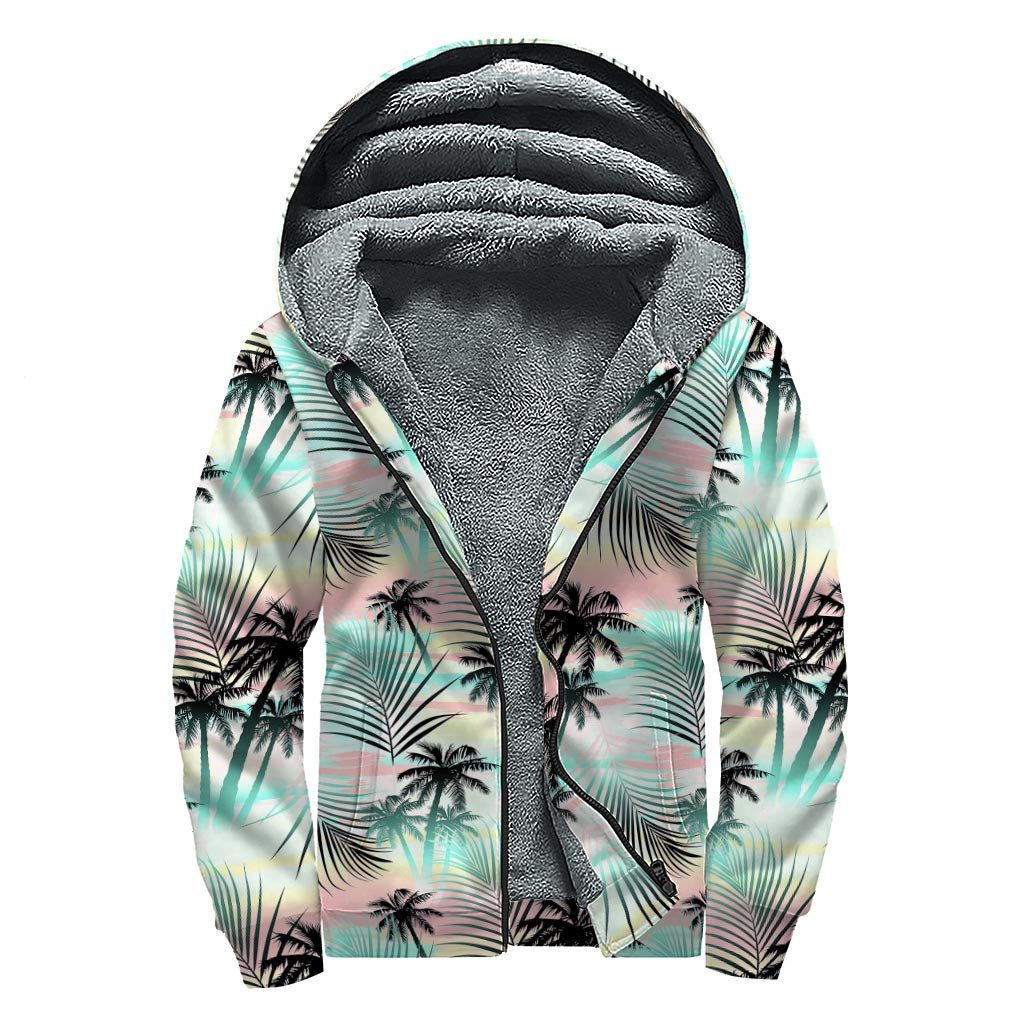 Groovy Vibes: Sherpa Lined Zip Up Hoodie with Pastel Palm Tree Pattern - 1