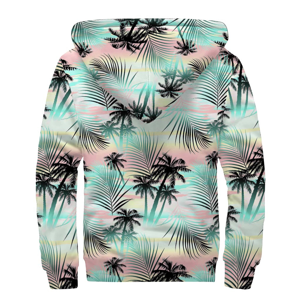 Groovy Vibes: Sherpa Lined Zip Up Hoodie with Pastel Palm Tree Pattern - 2