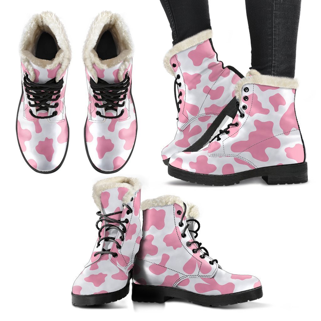 Pastel Pink and White Cow Print Faux Fur Leather Hippie Boots - 2