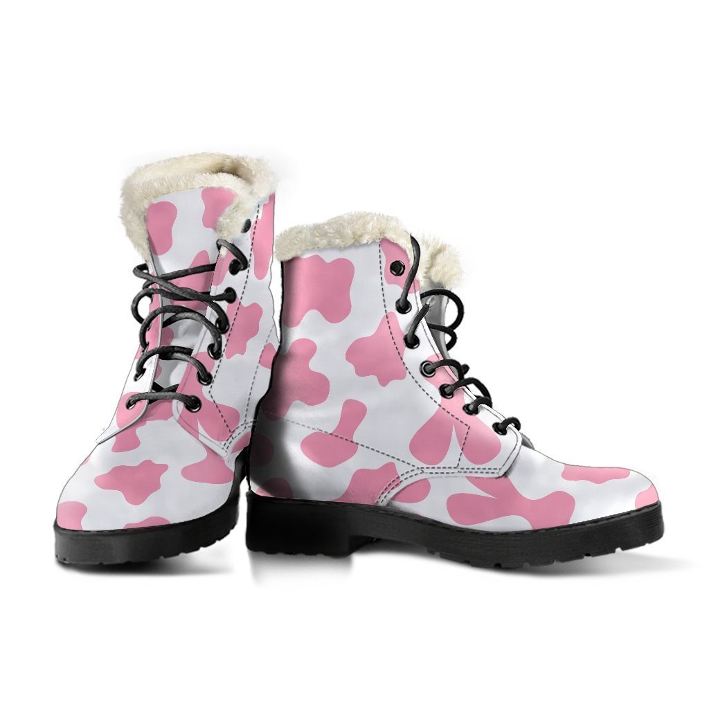 Pastel Pink and White Cow Print Faux Fur Leather Hippie Boots - 3