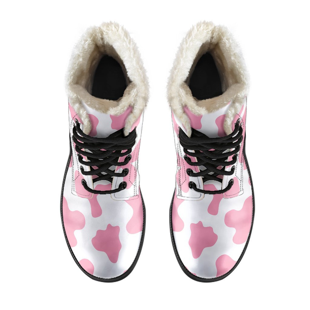 Pastel Pink and White Cow Print Faux Fur Leather Hippie Boots - 4