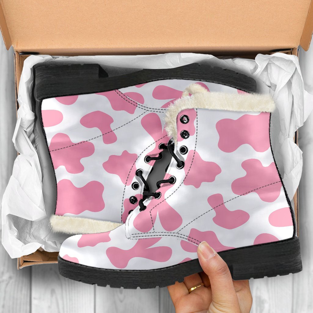 Pastel Pink and White Cow Print Faux Fur Leather Hippie Boots - 5