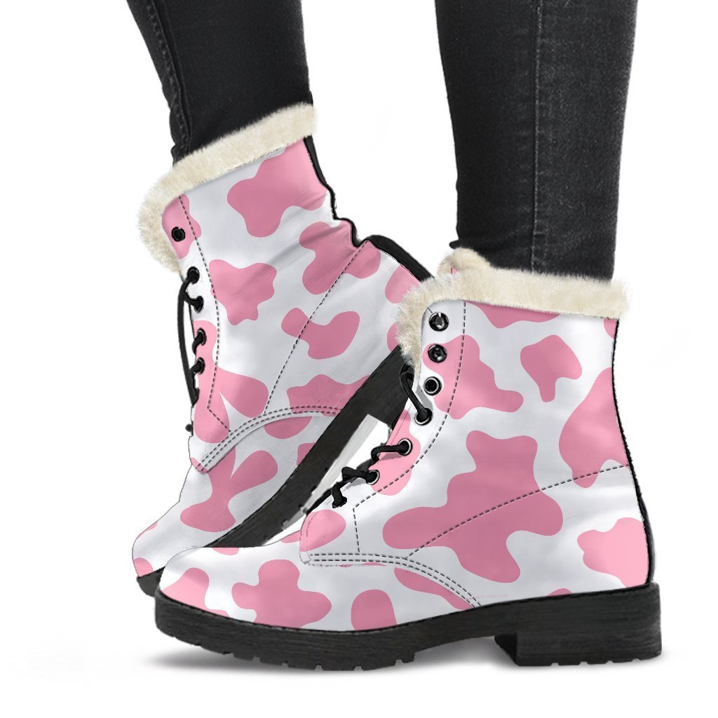 Pastel Pink and White Cow Print Faux Fur Leather Hippie Boots - 1