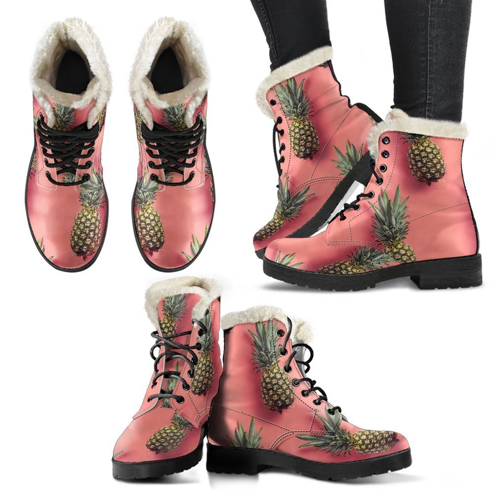 Pink Pineapple Paradise: Faux Fur Leather Hippie Boots - 2