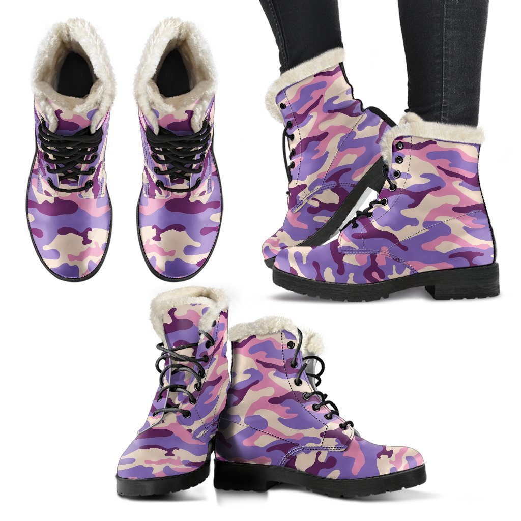 Groovy Camouflage Faux Fur Leather Boots in Pastel Purple - 2