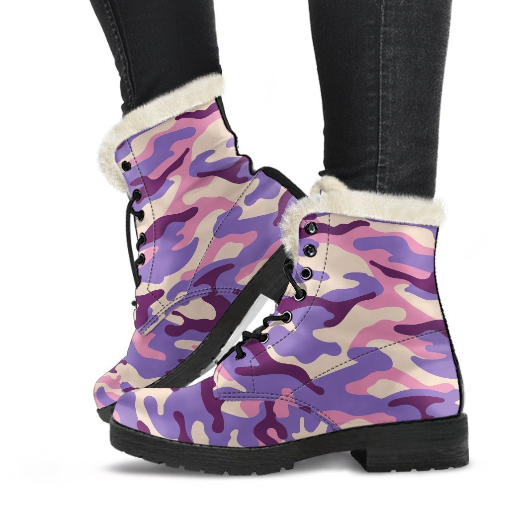 Groovy Camouflage Faux Fur Leather Boots in Pastel Purple - 1