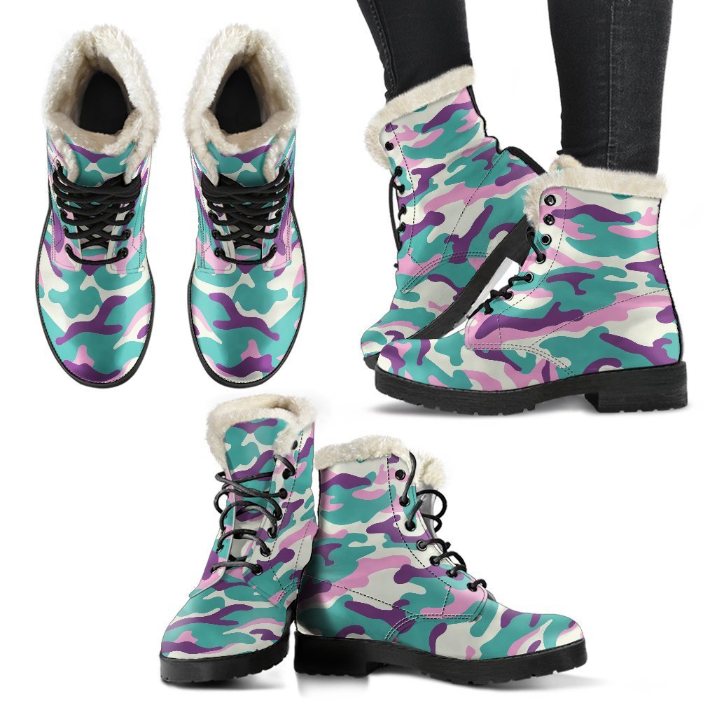 Boho Chic Vibes: Pastel Teal and Purple Camouflage Faux Fur Leather Boots - 2