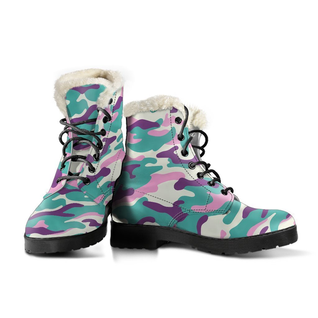 Boho Chic Vibes: Pastel Teal and Purple Camouflage Faux Fur Leather Boots - 3