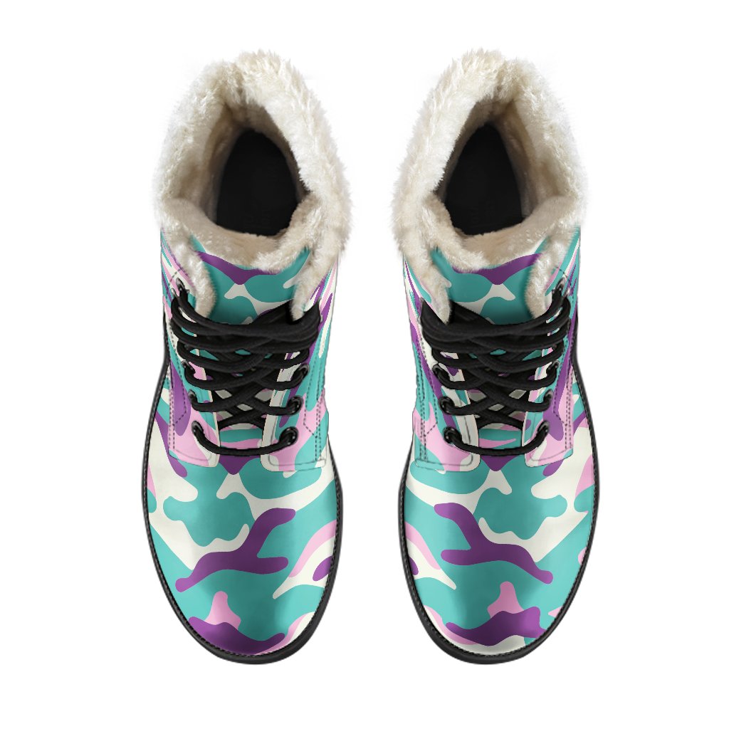 Boho Chic Vibes: Pastel Teal and Purple Camouflage Faux Fur Leather Boots - 4