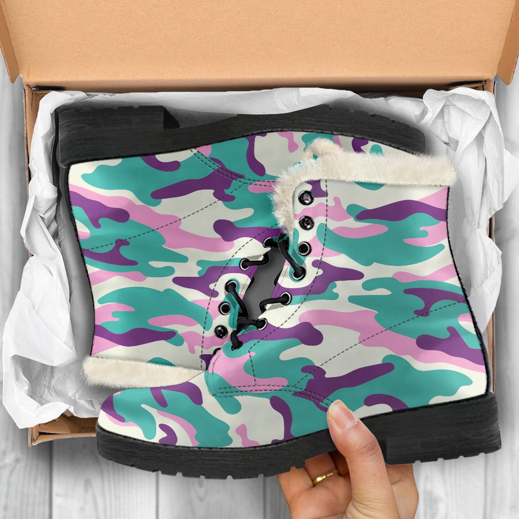 Boho Chic Vibes: Pastel Teal and Purple Camouflage Faux Fur Leather Boots - 5