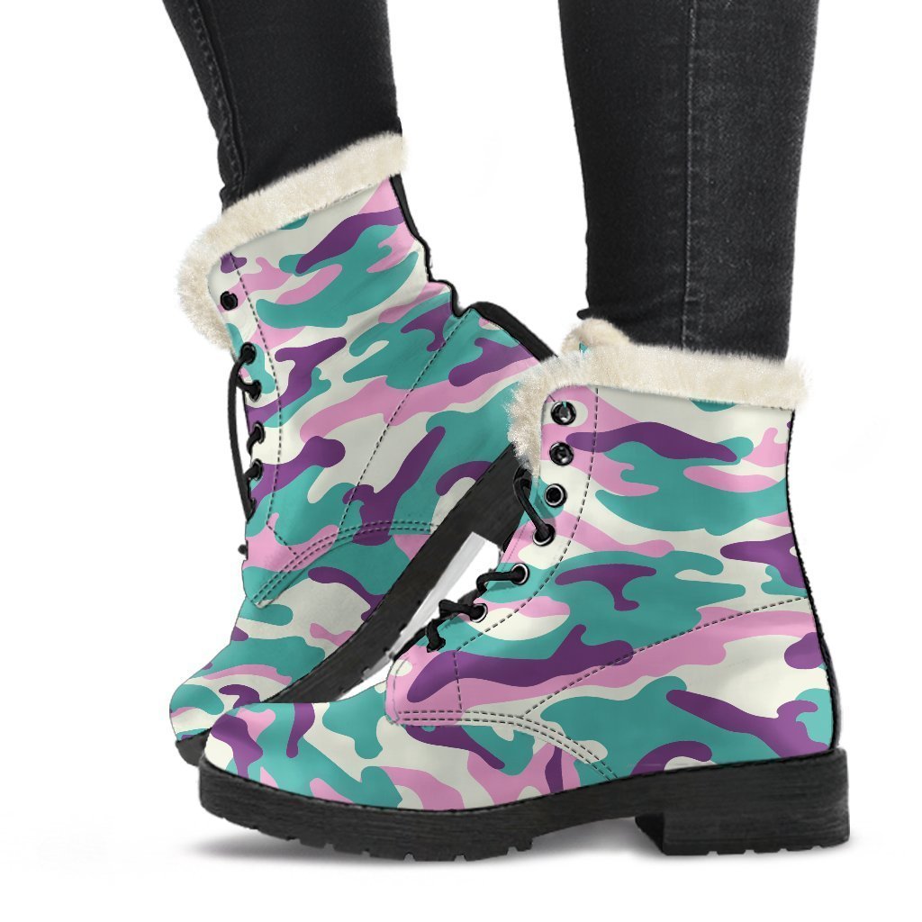 Boho Chic Vibes: Pastel Teal and Purple Camouflage Faux Fur Leather Boots - 1